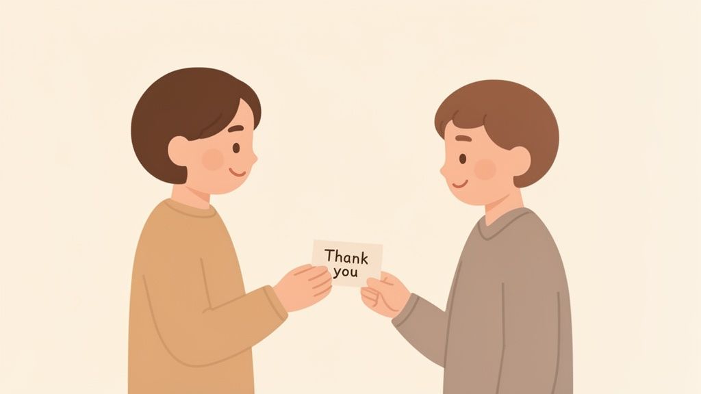 Two cartoon men exchange a small card with 'Thank you' written on it, expressing gratitude.