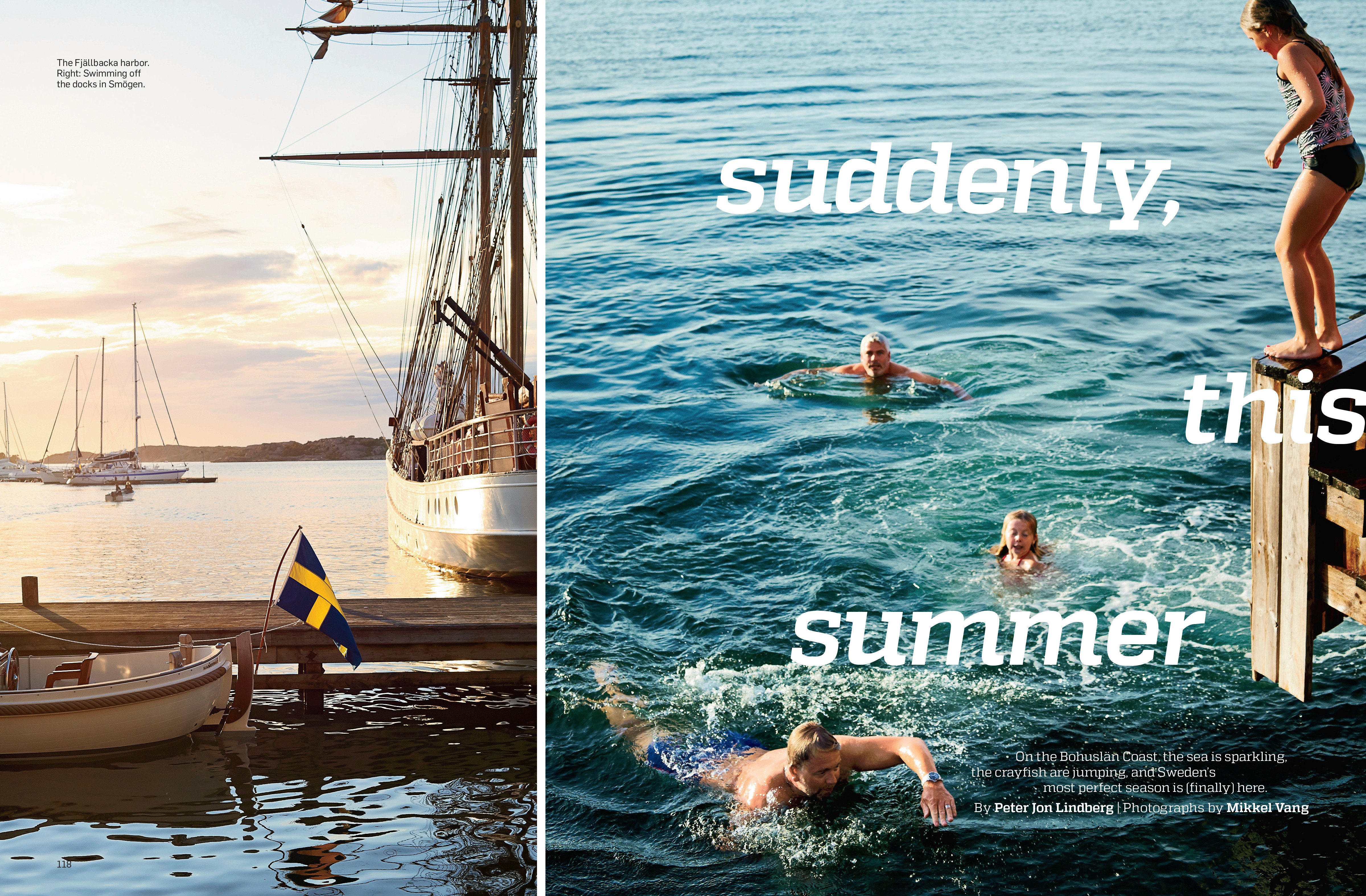 A layout with a diptych of Sweden. On the left, a dock with a few boats, one with a Sweden flag at the tail. The other image feature people swimming in the water.