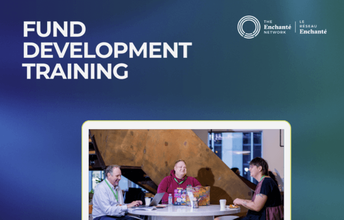 "Image of a group participating in Fund Development Training, with text headers and a focus on teamwork."