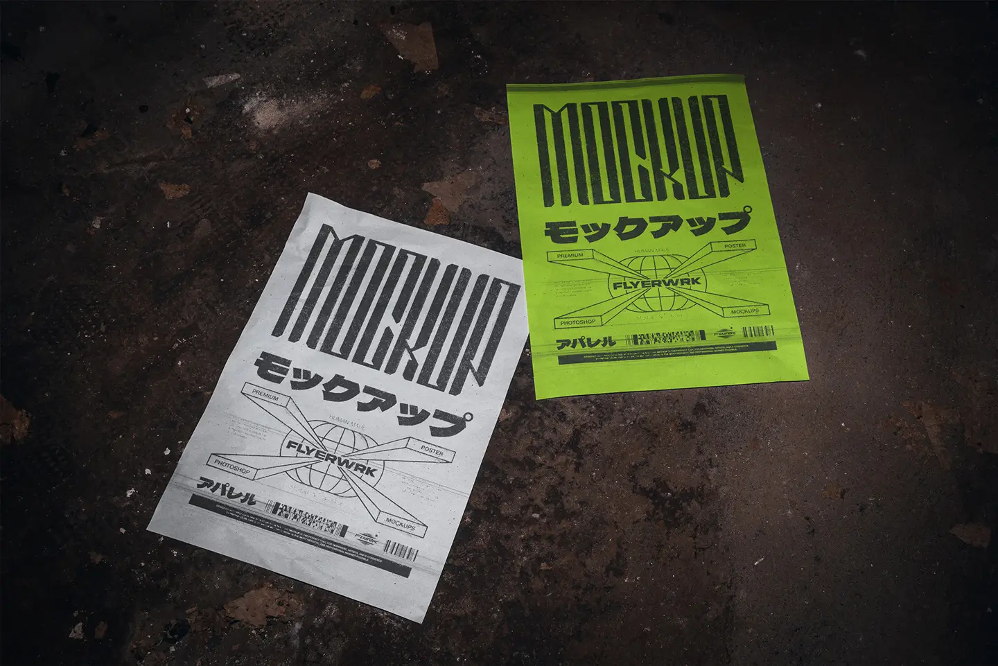 Basement A3 poster mockup with neon green poster design on basement floor