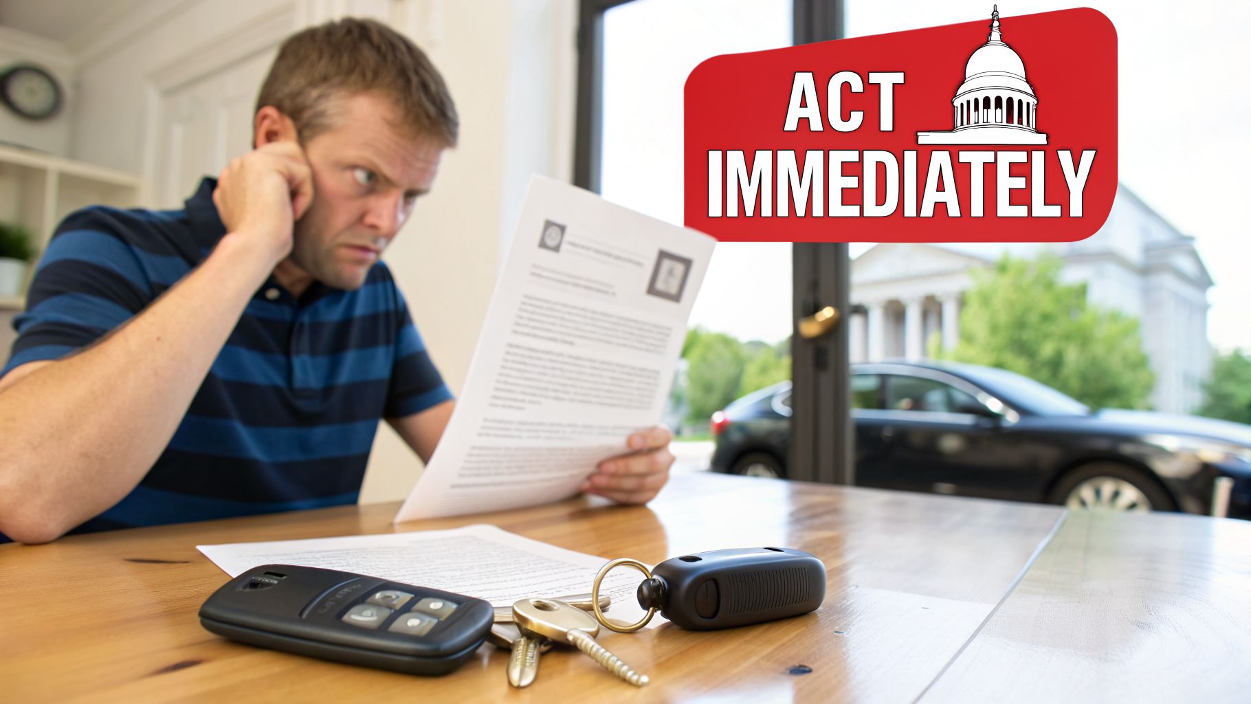 A worried man reads a document at a table with car keys, an urgent 'Act Immediately' sign.