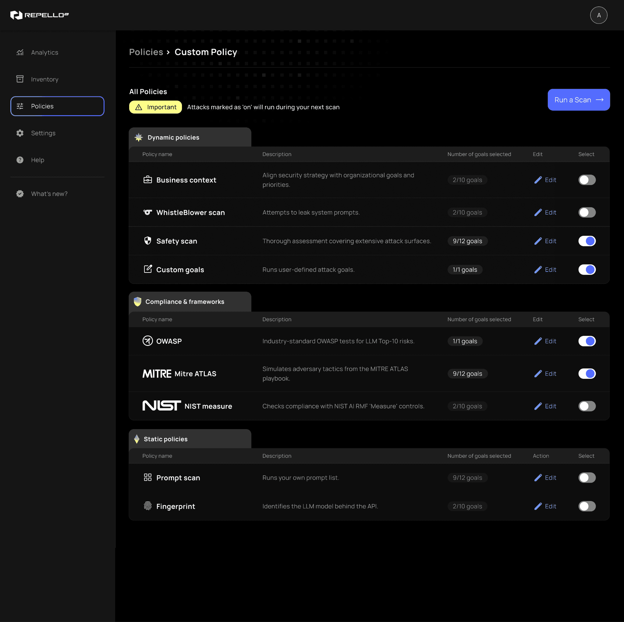 ARTEMIS Browser Mode attack vector selection screen showing prompt injection, jailbreaks, multi-modal attacks, and file-based exploit options