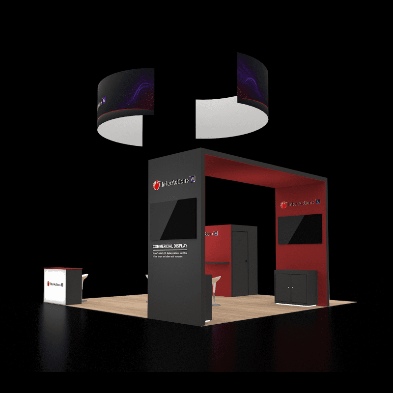 20x20 booth rental design with branded backwalls, meeting tables, and digital content