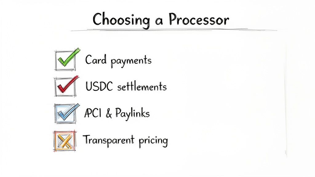 A checklist for choosing a payment processor, with options like card payments, USDC, PCI, and pricing.