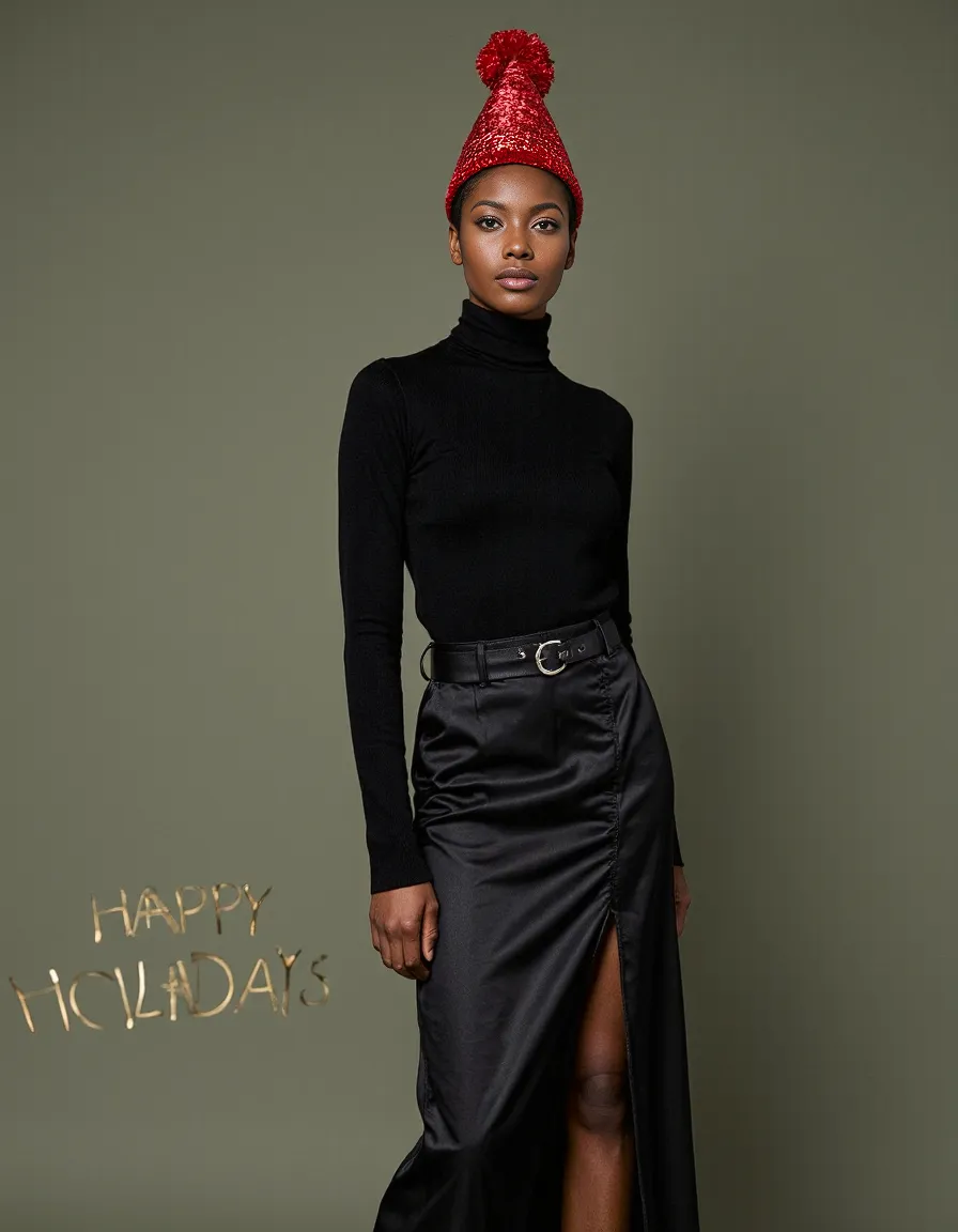 Fashion portrait featuring black turtleneck and satin skirt with festive sparkly red beanie against olive green background with "Happy Holidays" text