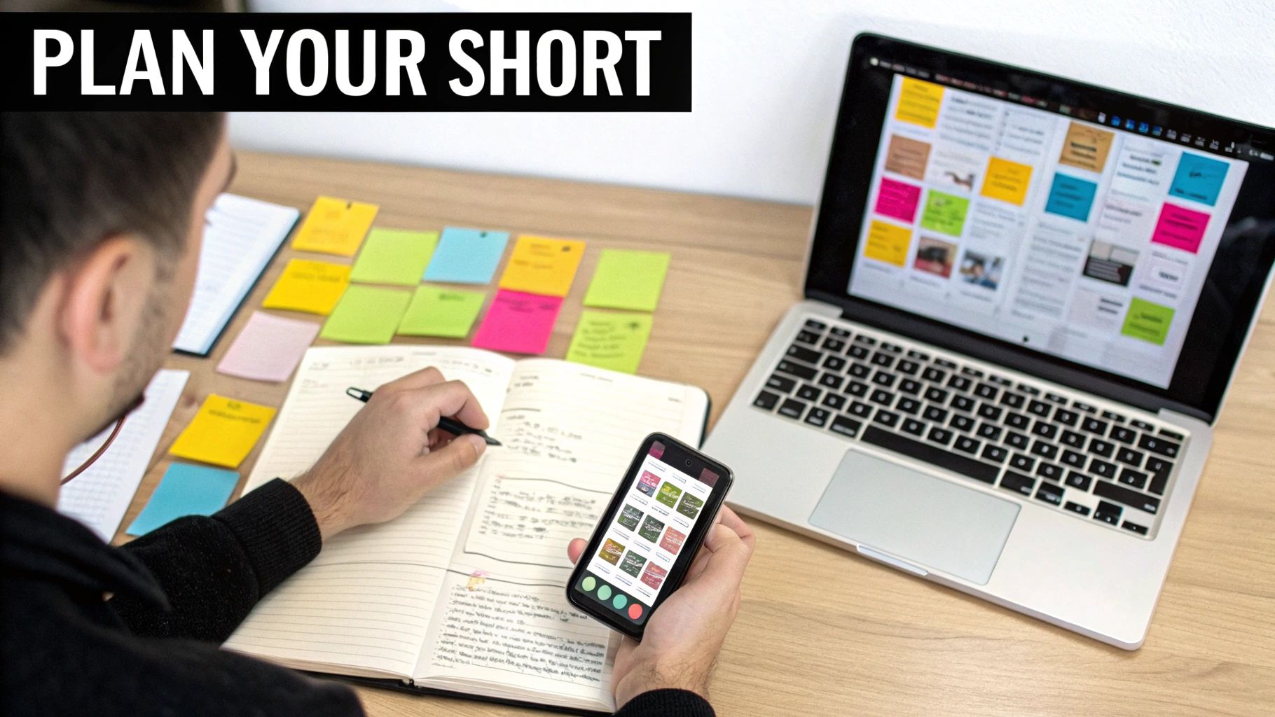 Person planning video content, writing notes, surrounded by sticky notes, laptop, and smartphone.