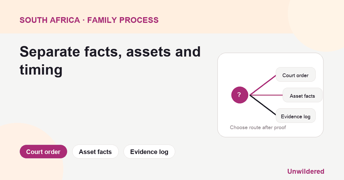 Process diagram for South Africa Divorce Accrual Financial: Court order, Asset facts, Evidence log.