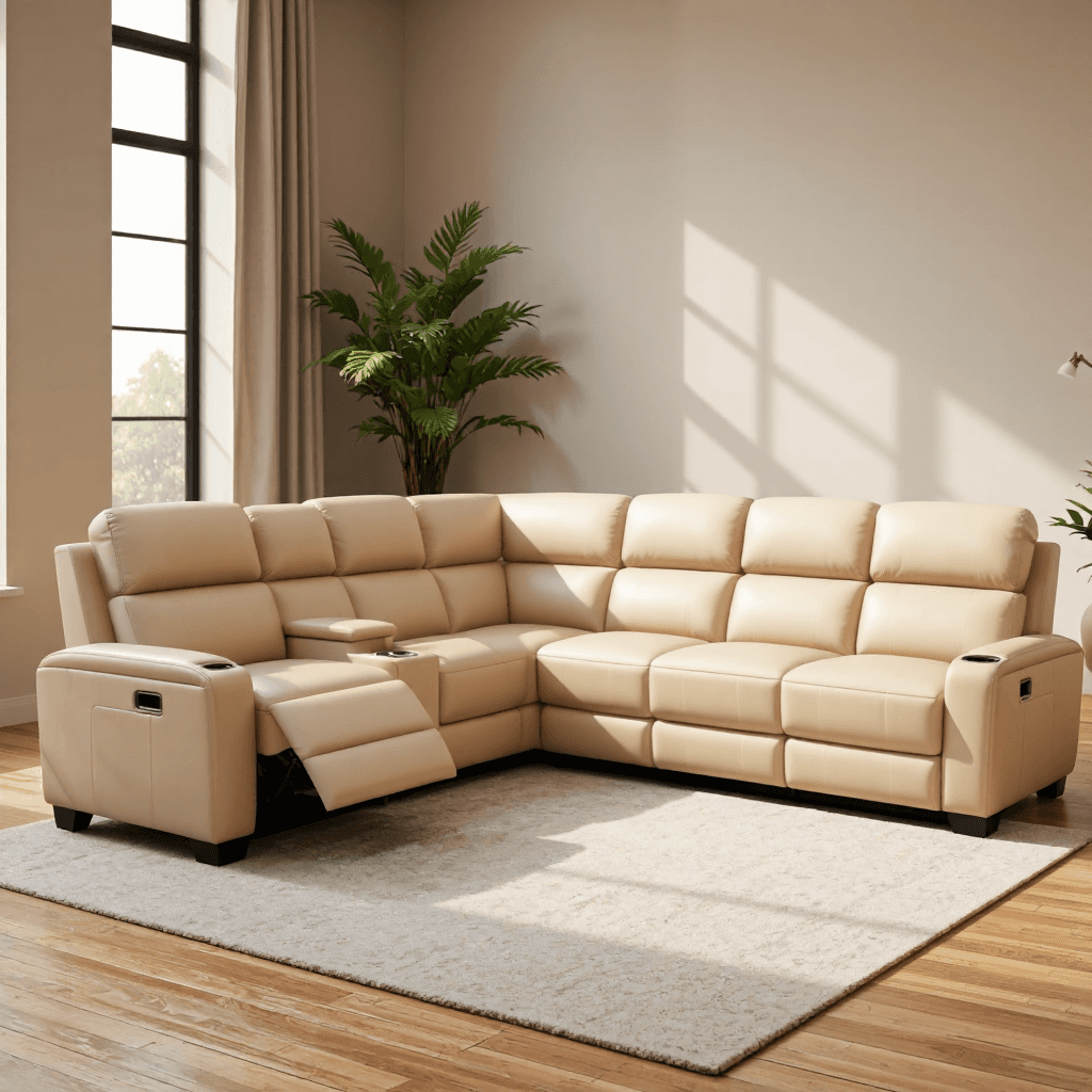 product photography of a sectional sofa with reclining features and built-in cup holders