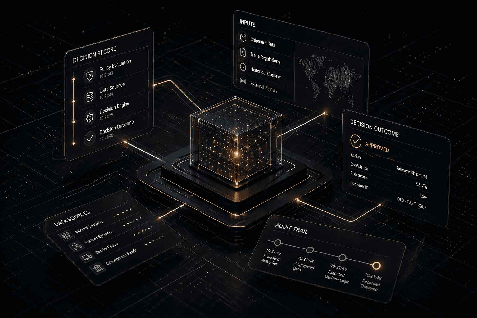 Abstract dark-mode decision system with a glowing central cube connected to input, record, outcome, and audit panels, representing decision provenance, traceable logic, and reviewable operational workflows.
