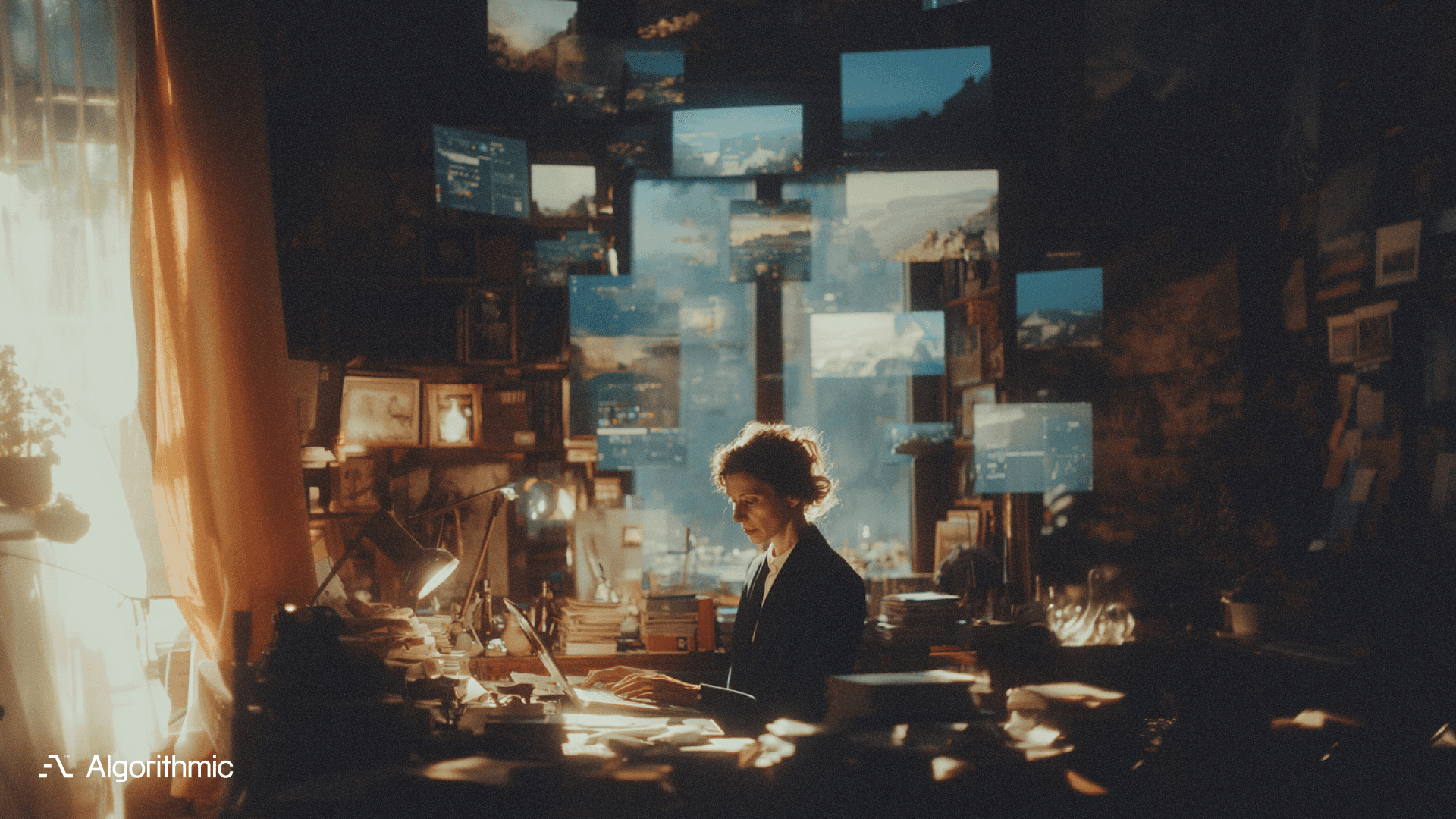 A focused engineer works in a warm, crowded study as digital displays hover around them, representing the many moving parts of a RAG system.