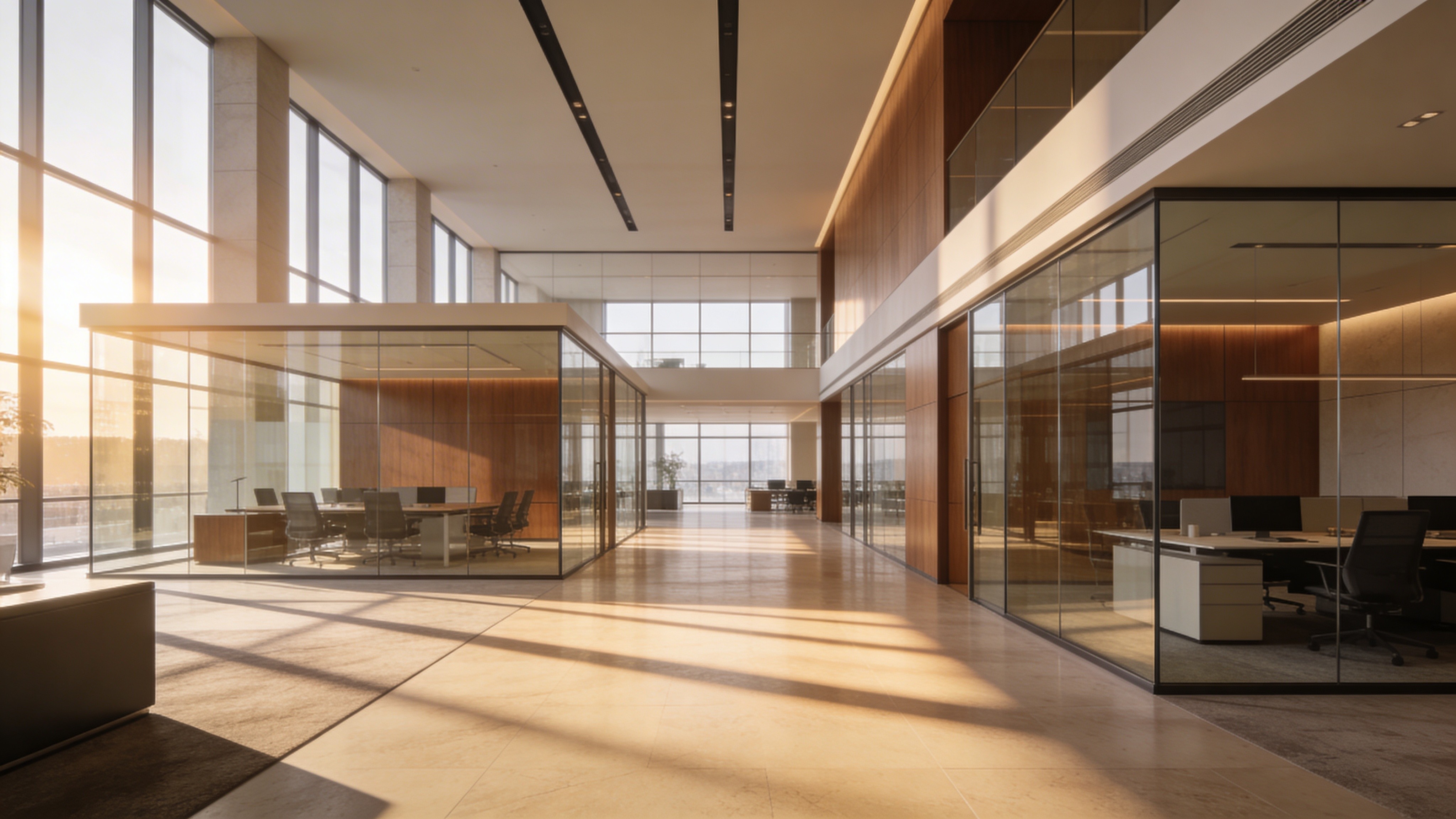 Modern commercial office interior with glass meeting rooms, wooden finishes, and natural sunlight