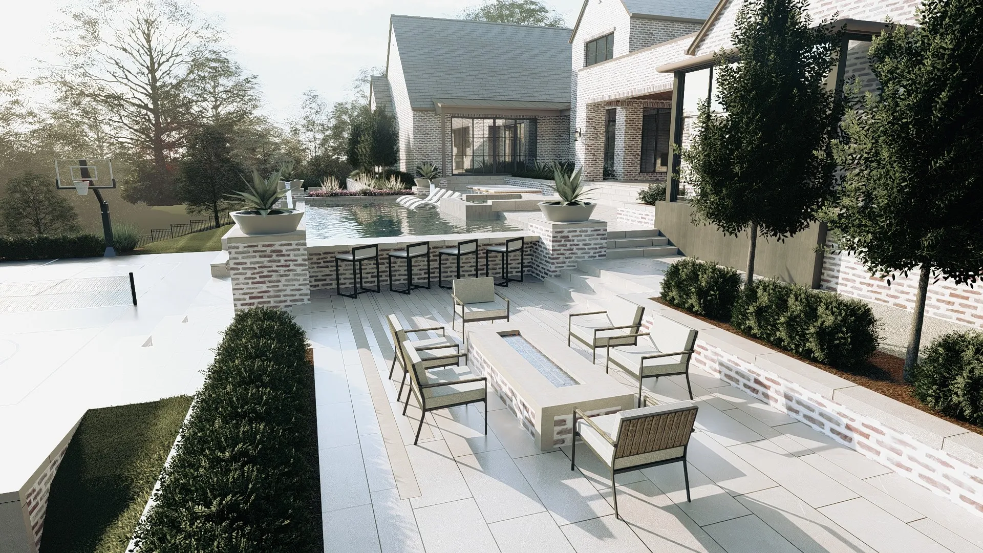 Modern farmhouse outdoor living design with fire feature in Montrachet