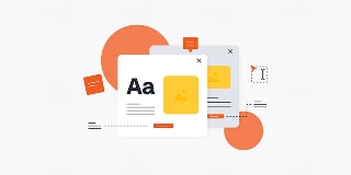 Two overlapping interface cards with text and icons, set against an abstract background with graphic elements.