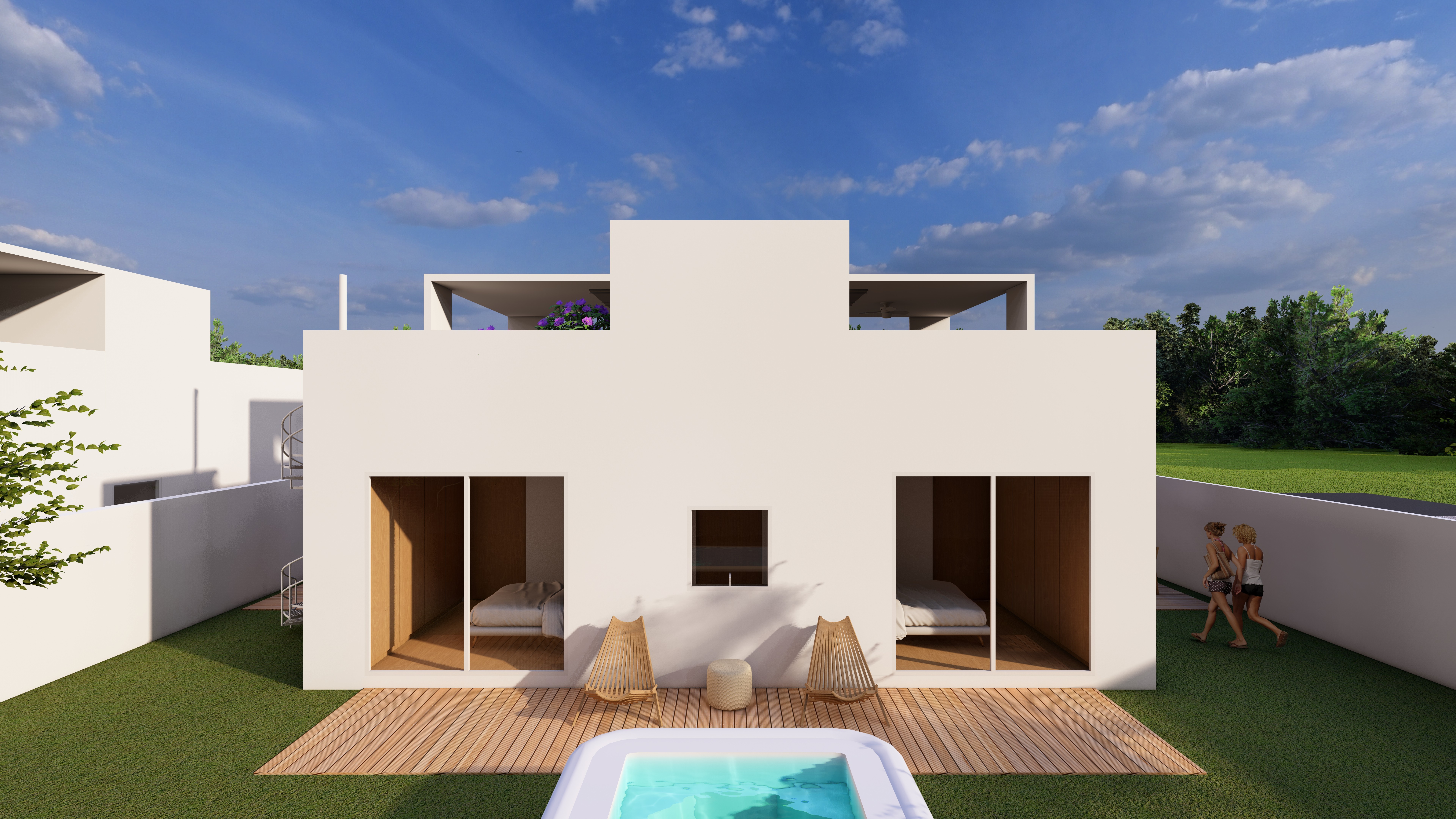 Modern timber-clad residence with horizontal wood facade and geometric volumes set on manicured lawn