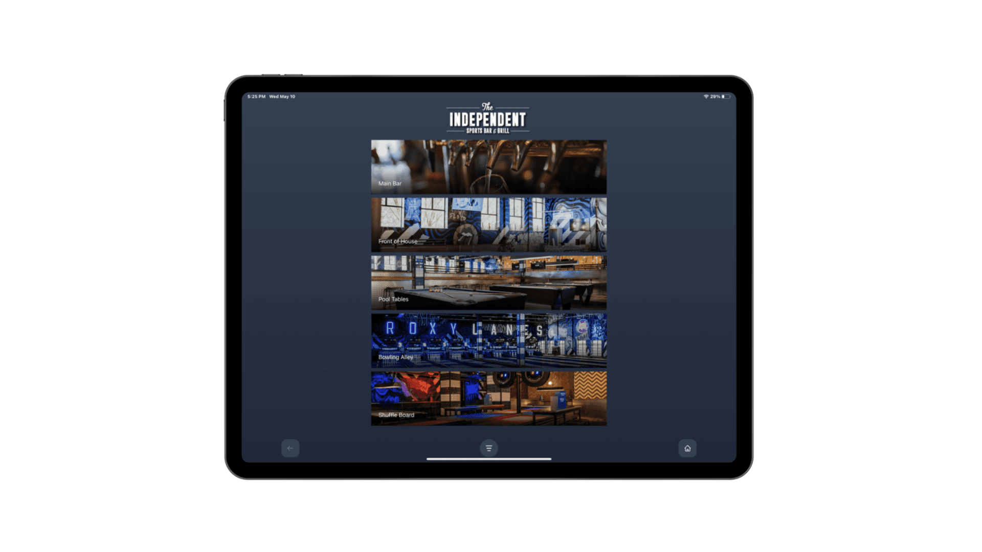 Independent Sports Bar & Grill app: Main Bar, Front of House, Pool Tables, Bowling Alley, Shuffle Board