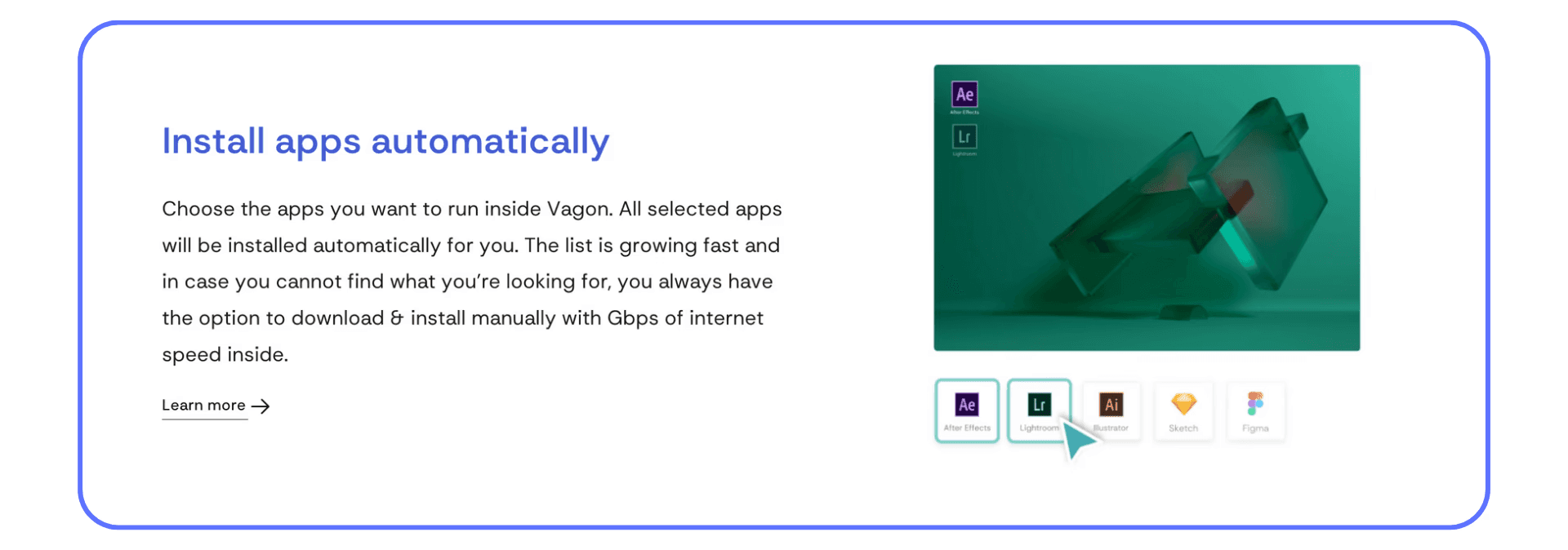 Vagon interface showing automatic installation of creative apps like Maya and After Effects.