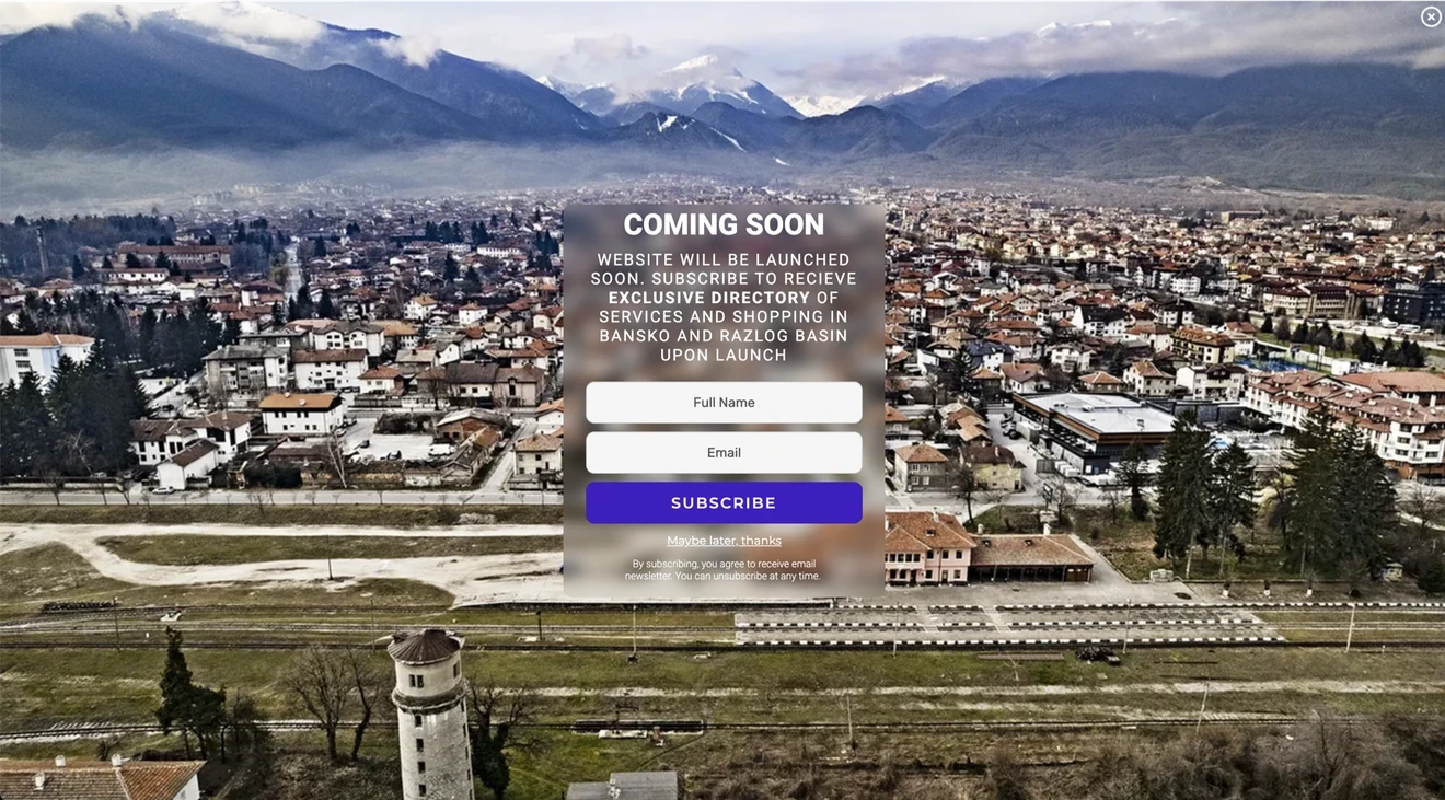 Bansko Mountain Living product launch email opt-in form offering exclusive directory access