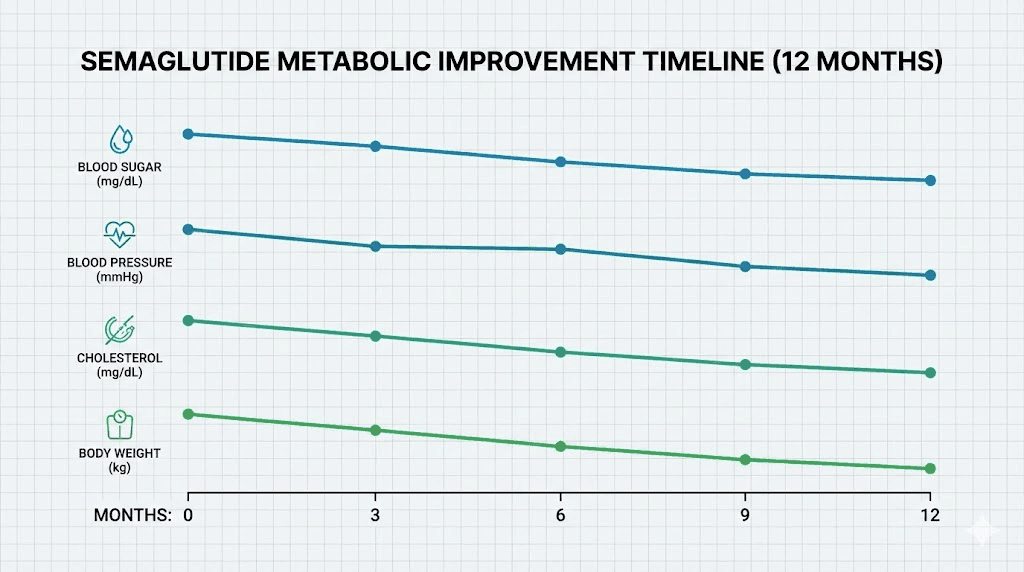 Semaglutide metabolic improvements timeline for blood sugar A1C cholesterol and blood pressure
