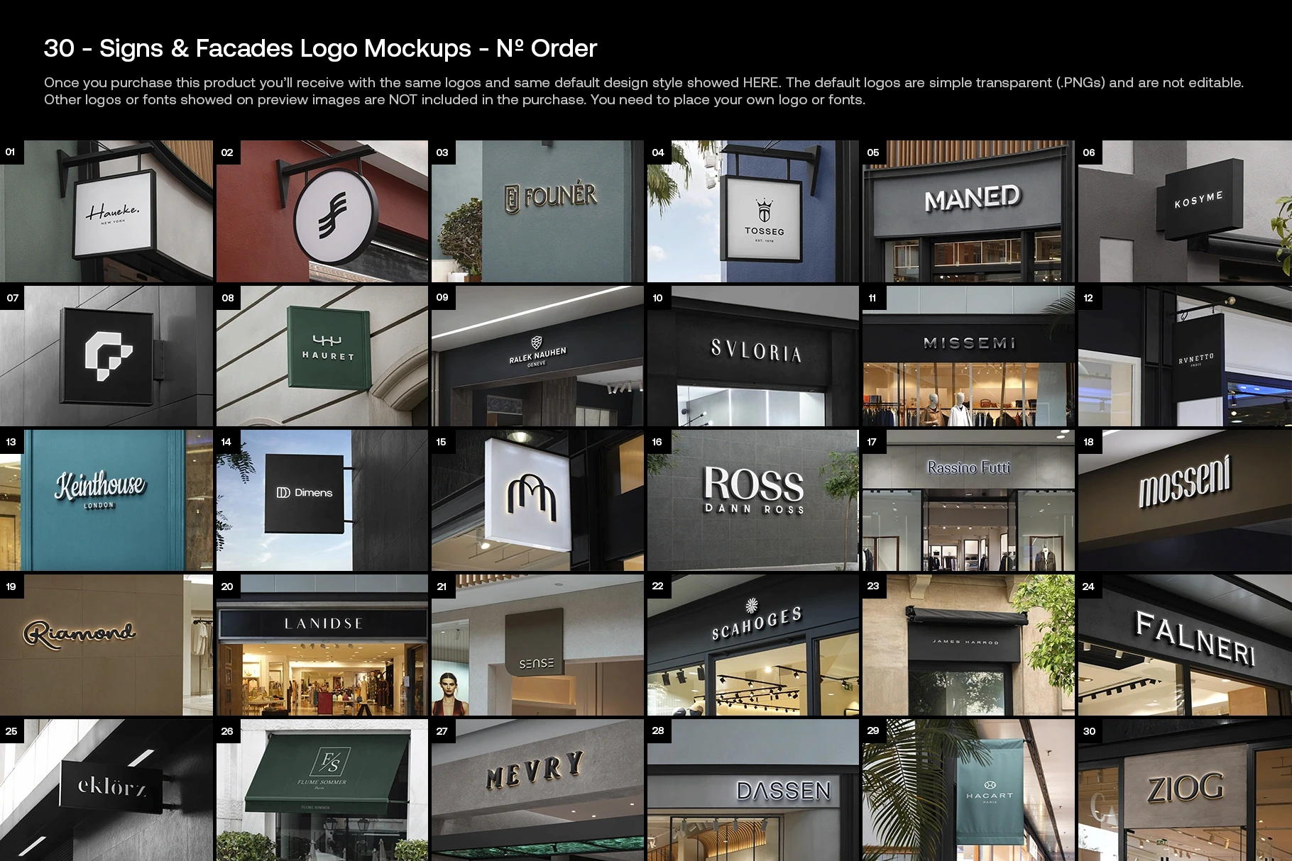 Preview of 30 store sign and facade logo mockups in various styles.
