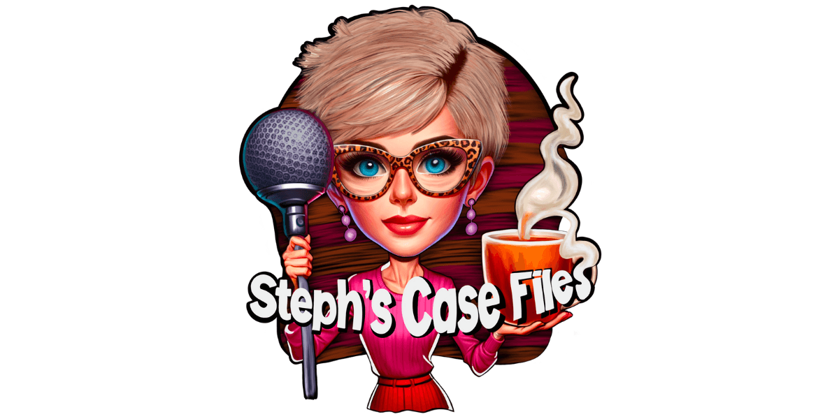 a stylized illustration of Steph from "Steph's Case Files" holding a microphone and coffee cup.