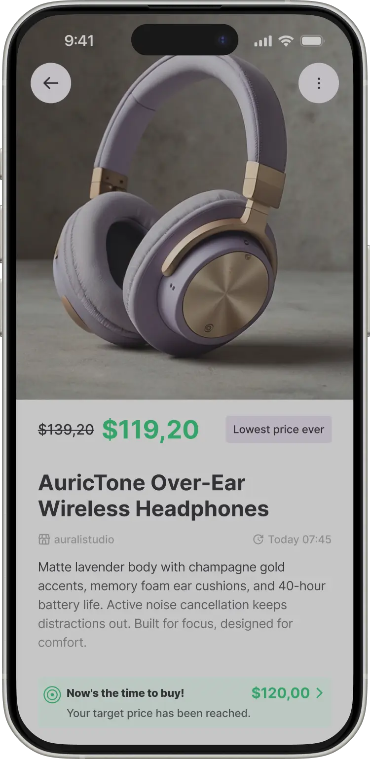 Whisprice app showing AuricTone Over-Ear Wireless Headphones at $119.20, marked as lowest price ever, with a target price reached notification at the bottom of the screen.
