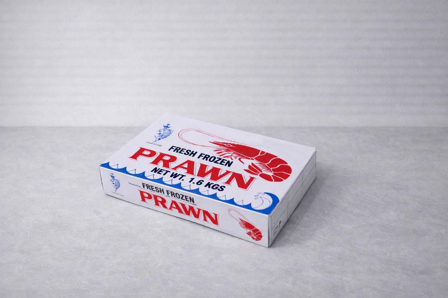 Custom Carton Seafood Box - 1.6kg wax-coated frozen prawn box with red and blue offset printing, manufactured in Kuching.