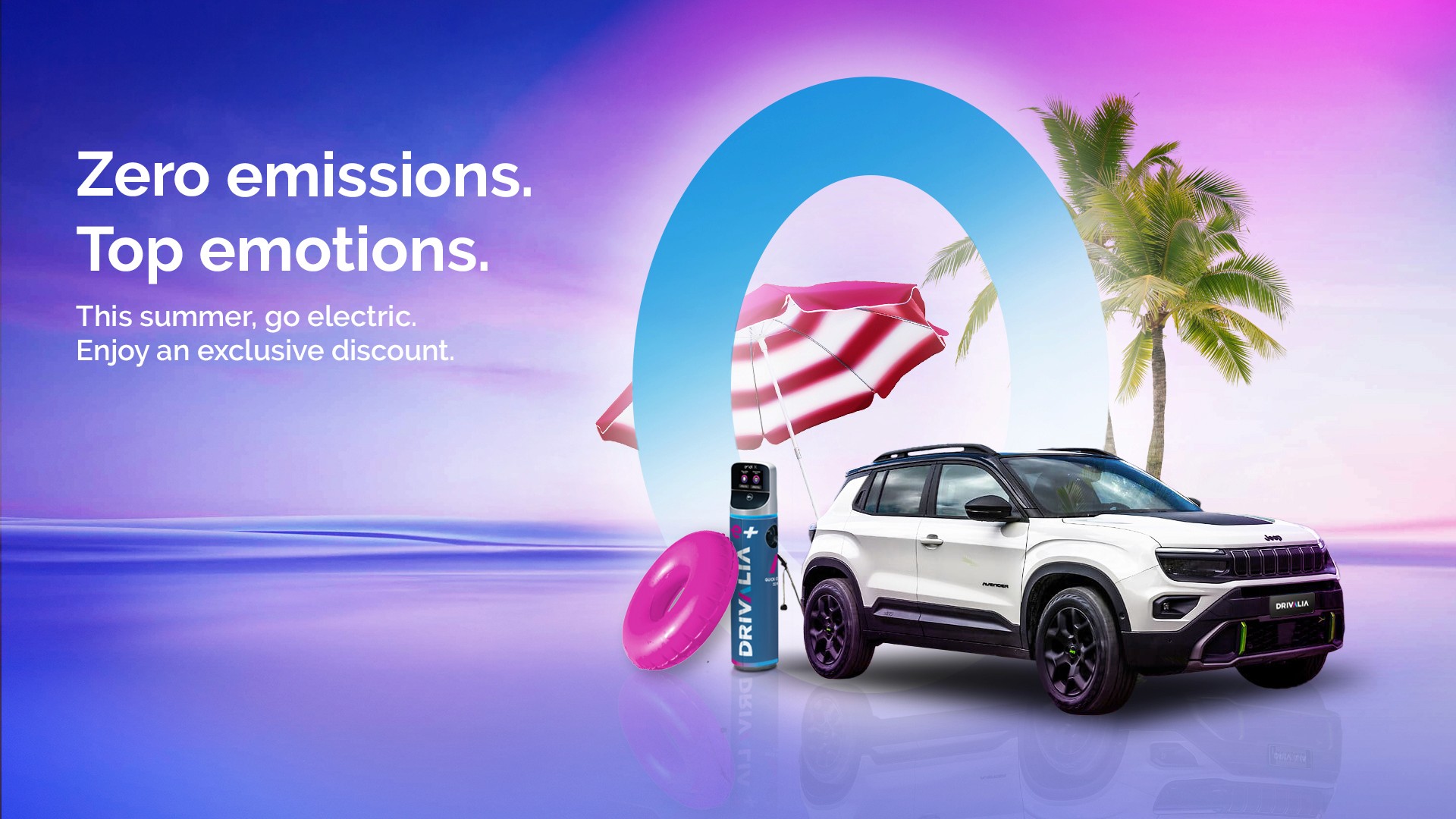 Campagna Drivalia "Electric Summer" UK in formato desktop, a sinistra la scritta "Zero emissions, top emotions: This summer, go electric. Enjoy an exclusive discount", sulla destra un modello di auto differente attorniato da elementi estivi e un grande zero