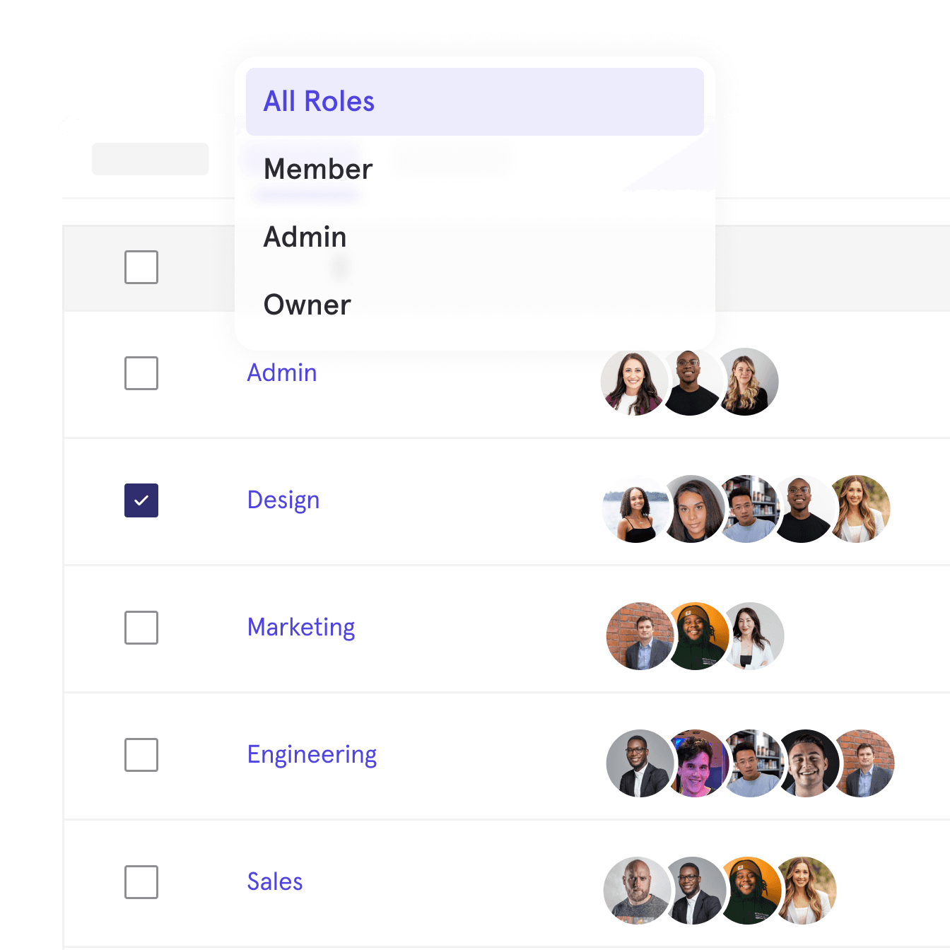 Team permissions view in Mixpanel showing a list of departments—Admin, Design, Marketing, Engineering, and Sales—with member avatars beside each group and checkboxes to select teams. A role filter dropdown at the top lets the user view All Roles, Member, Admin, or Owner to manage access levels across the workspace.
