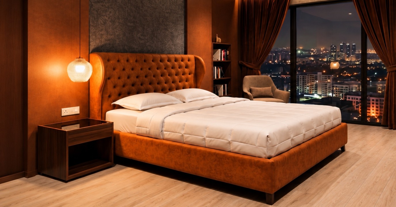 Wingback upholstered bed with deep cushioning and broad mattress platform