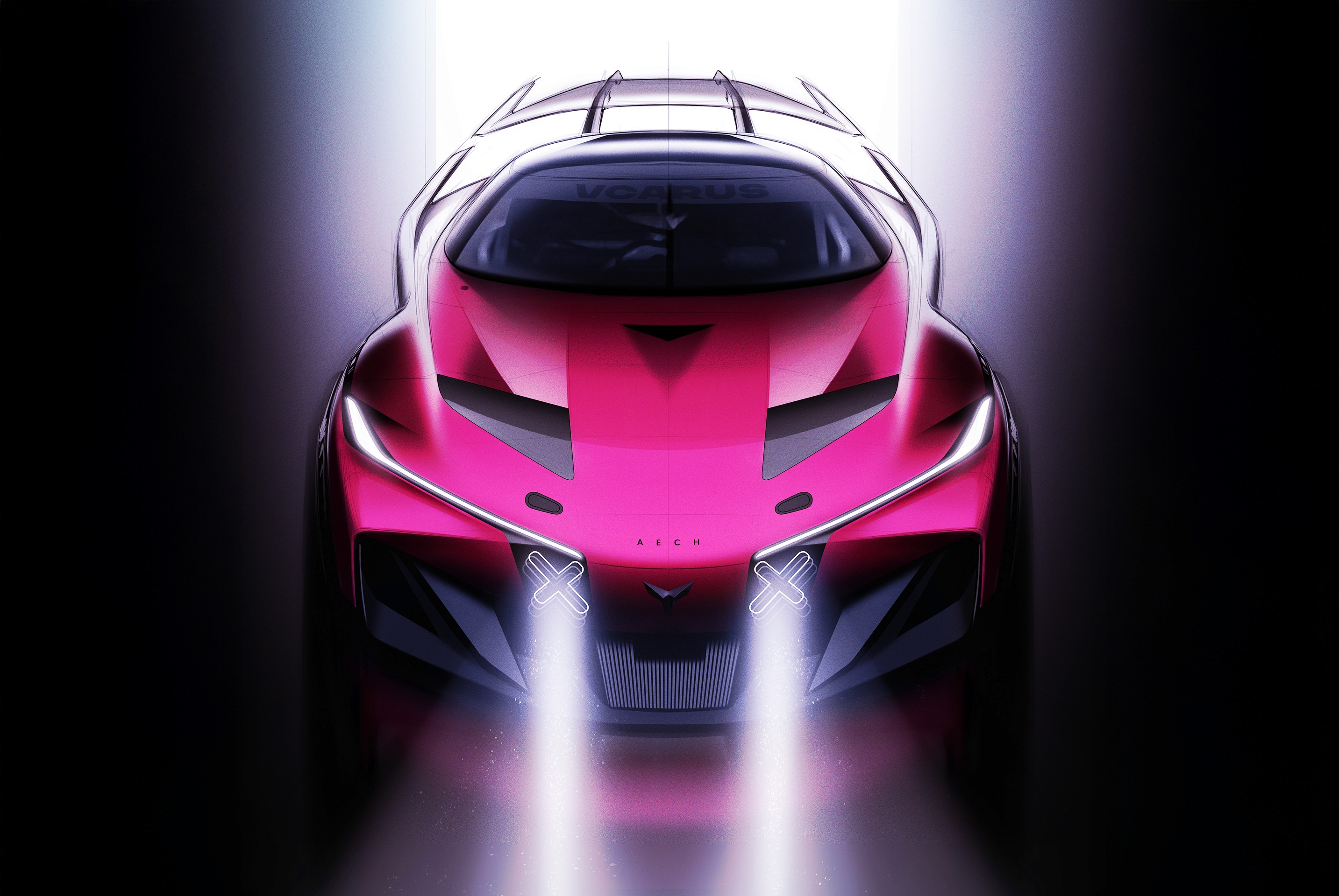 Low-angle front rendering of a futuristic sports car showcasing exterior design visualization