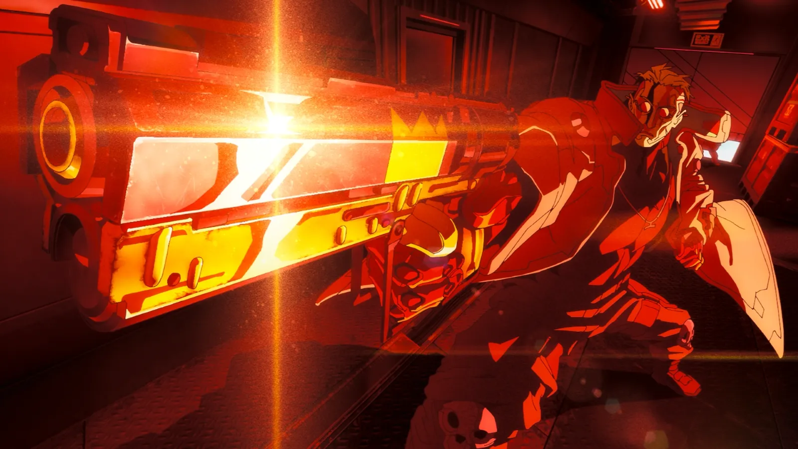 A dynamic, stylized illustration depicts a figure in motion holding a large, futuristic weapon, radiating intense red and orange light in a sci-fi setting.