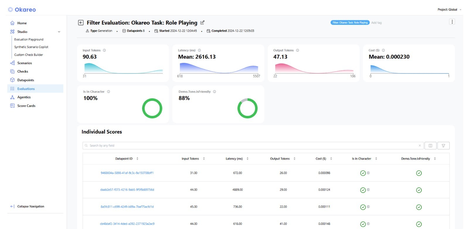 Screenshot showing the LLM evaluation results of the Segment in the Okareo app