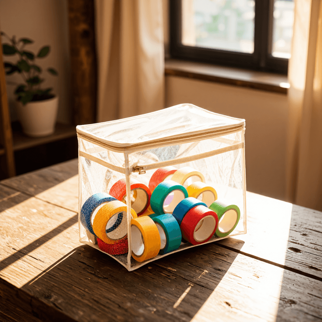 product photography of a transparent mesh storage bag containing various tape rolls