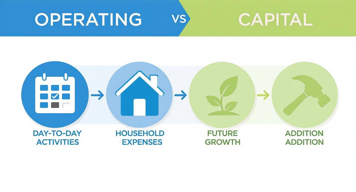 Infographic showing the difference between an operating budget for day-to-day operations and a capital budget for future growth projects.