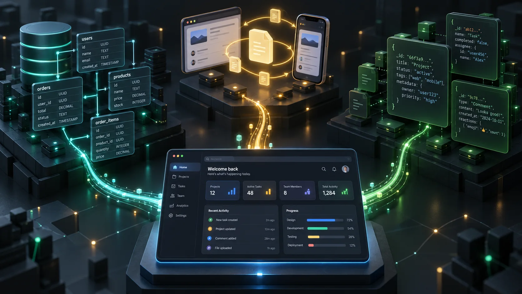Comparação visual entre bancos relacionais, realtime e documentos para sistemas modernos