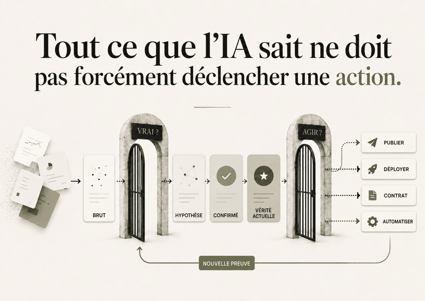 Schéma montrant une production brute de l’IA passer par un contrôle de vérité et d’action avant publication, déploiement, contrat ou automatisation.