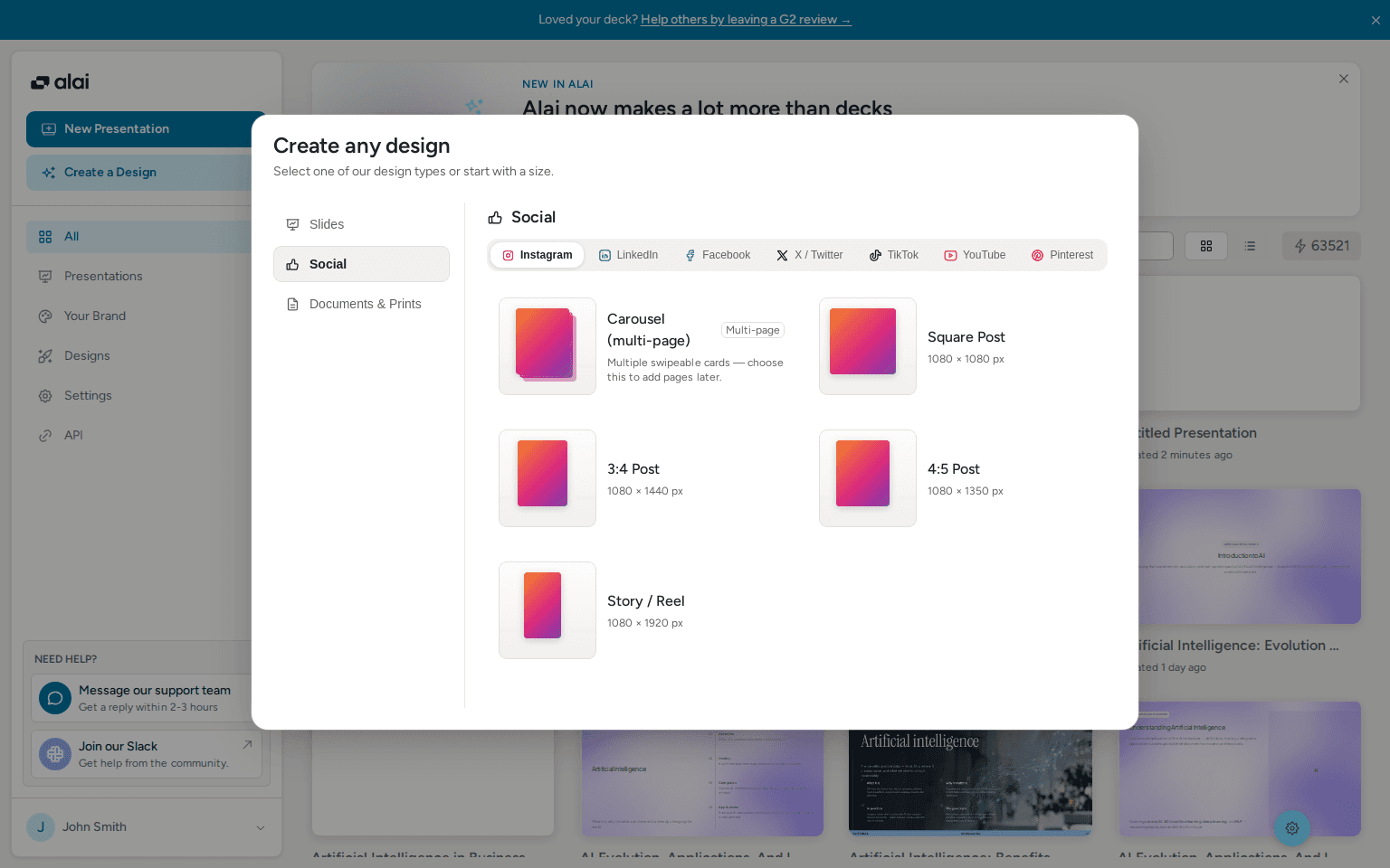Alai Create Design format picker for social posts, carousels, and custom designs