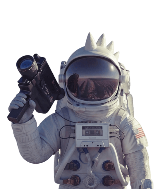 Spaceman with film camera and dinosaur style head crest.