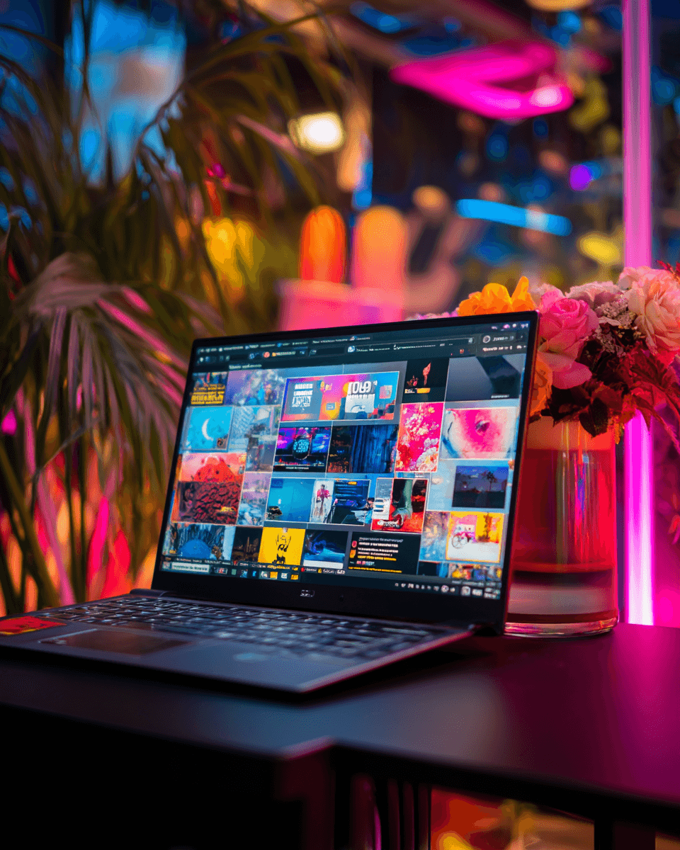 A laptop displaying vibrant images sits on a desk, surrounded by colorful lighting and plants.