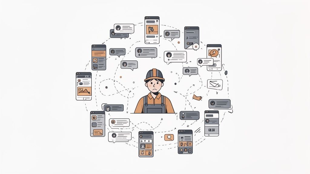 A confused construction worker is overwhelmed by numerous chat messages and mobile app screens.