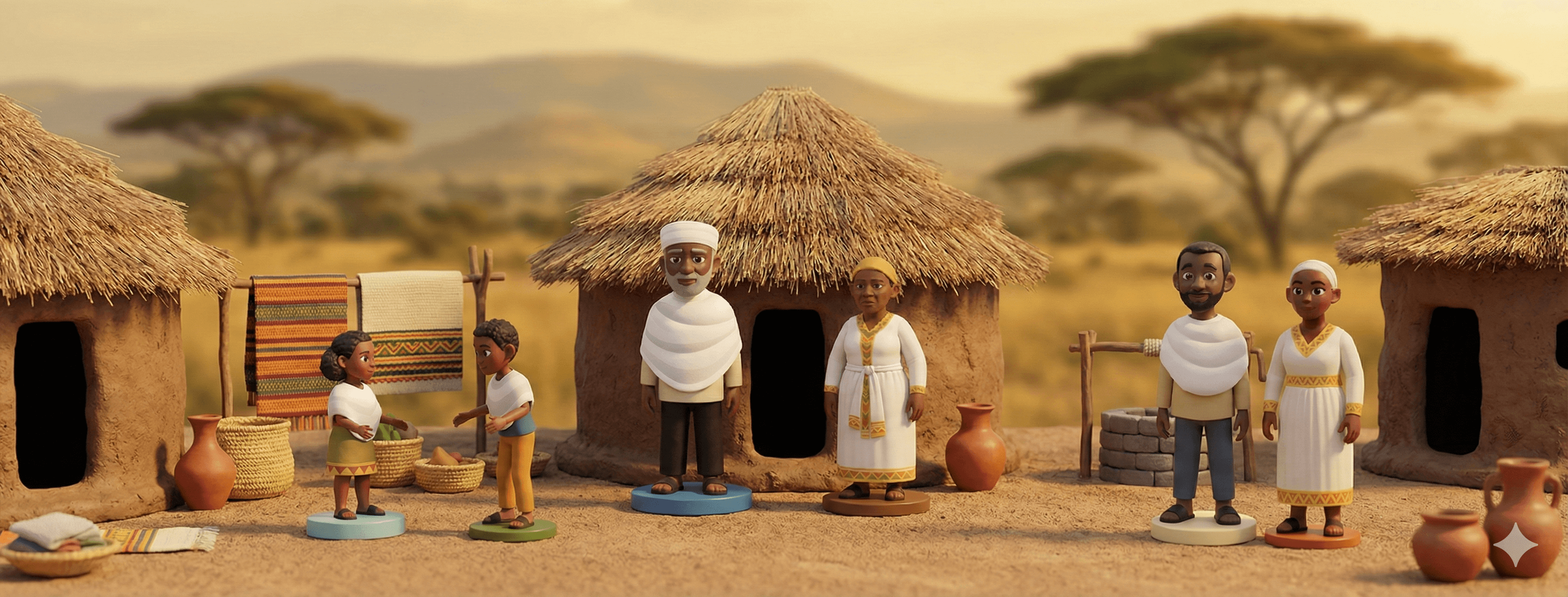 3D-style character figurines for the "Gozo" game, representing Ethiopian family members in traditional clothing standing near a hut.