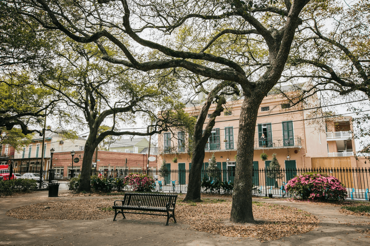 Wide angle view of Washington Square Park in the Marigny in New Orleans