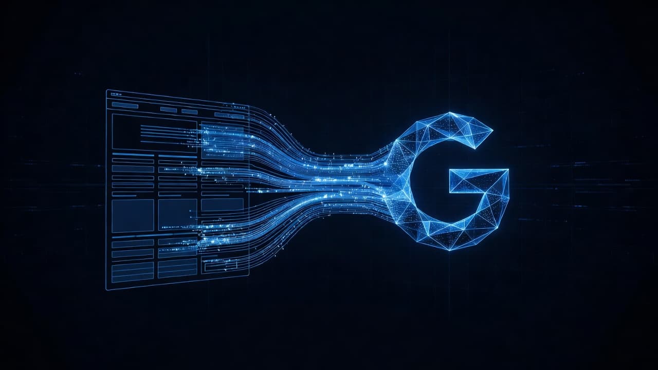 Glowing blue lines of structured data emerge from a web interface, converging into a central search engine icon. High-contrast light paths move across a dark void to represent organized digital information.