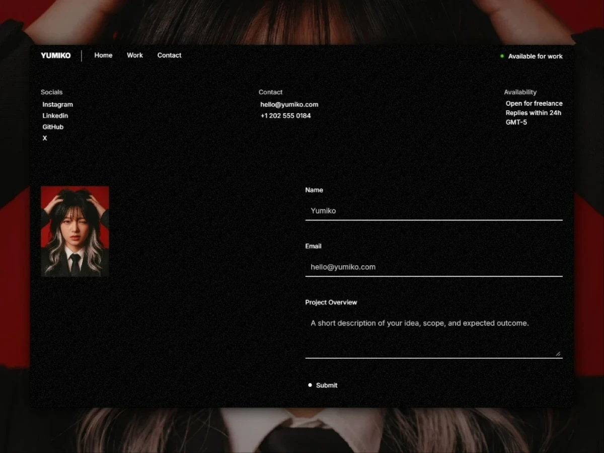 Yumiko portfolio contact page with project inquiry form and contact details