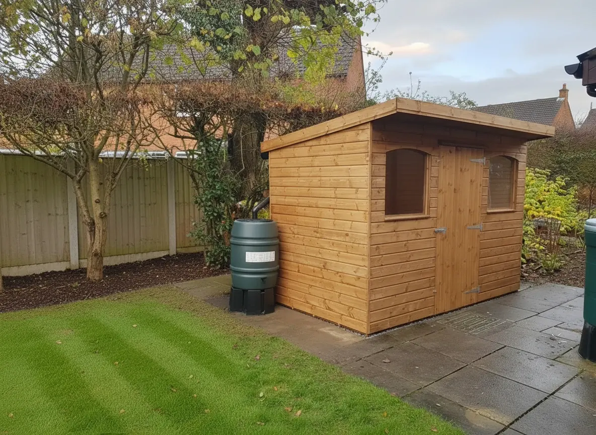 Pent shed with two arched windows on a patio