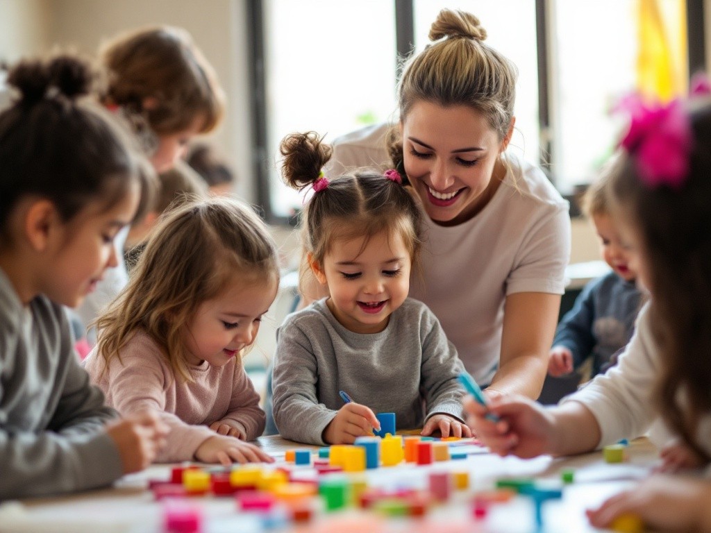 Teacher and children playing with blocks