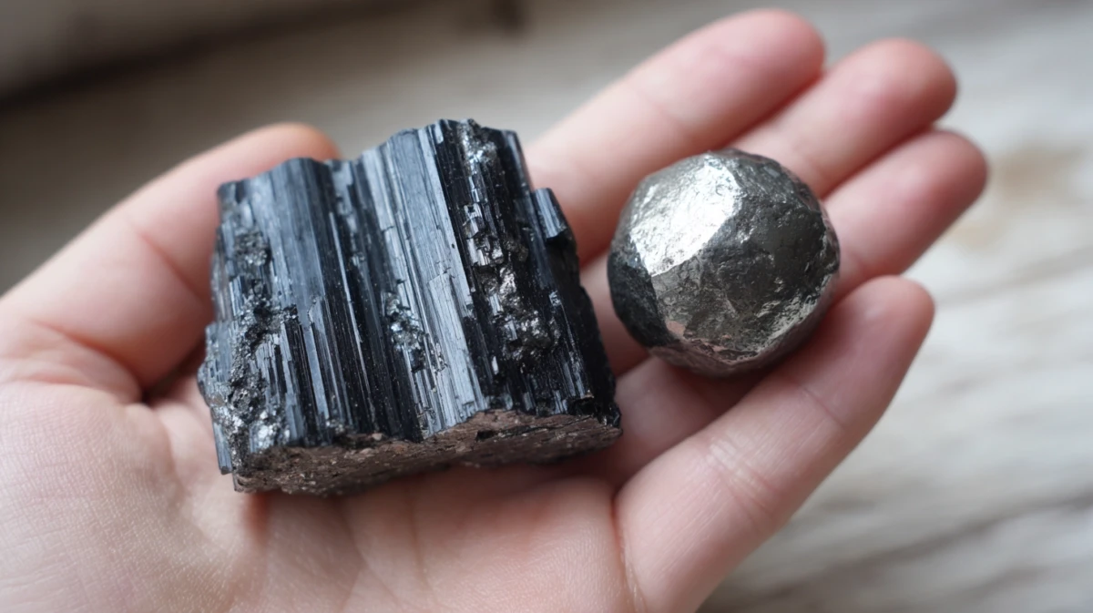 Close-up of Black Tourmaline and Hematite in a hand.