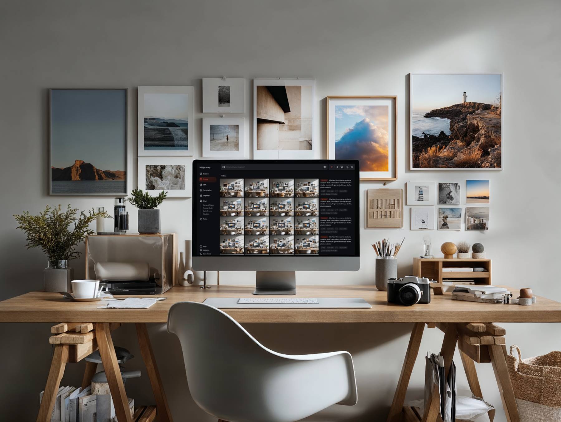 a minimalist creative home studio space with a wood desk, iMac and scenic art on the walls