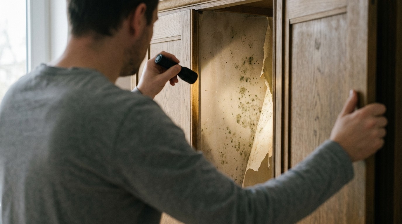 Hand zieht einen Schrank von der Wand und leuchtet mit einer Taschenlampe auf dunkle Schimmelflecken auf dem Putz