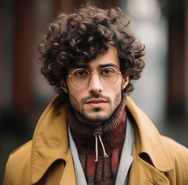 Portrait of stylish young man with curly hair and glasses wearing a brown coat outdoors